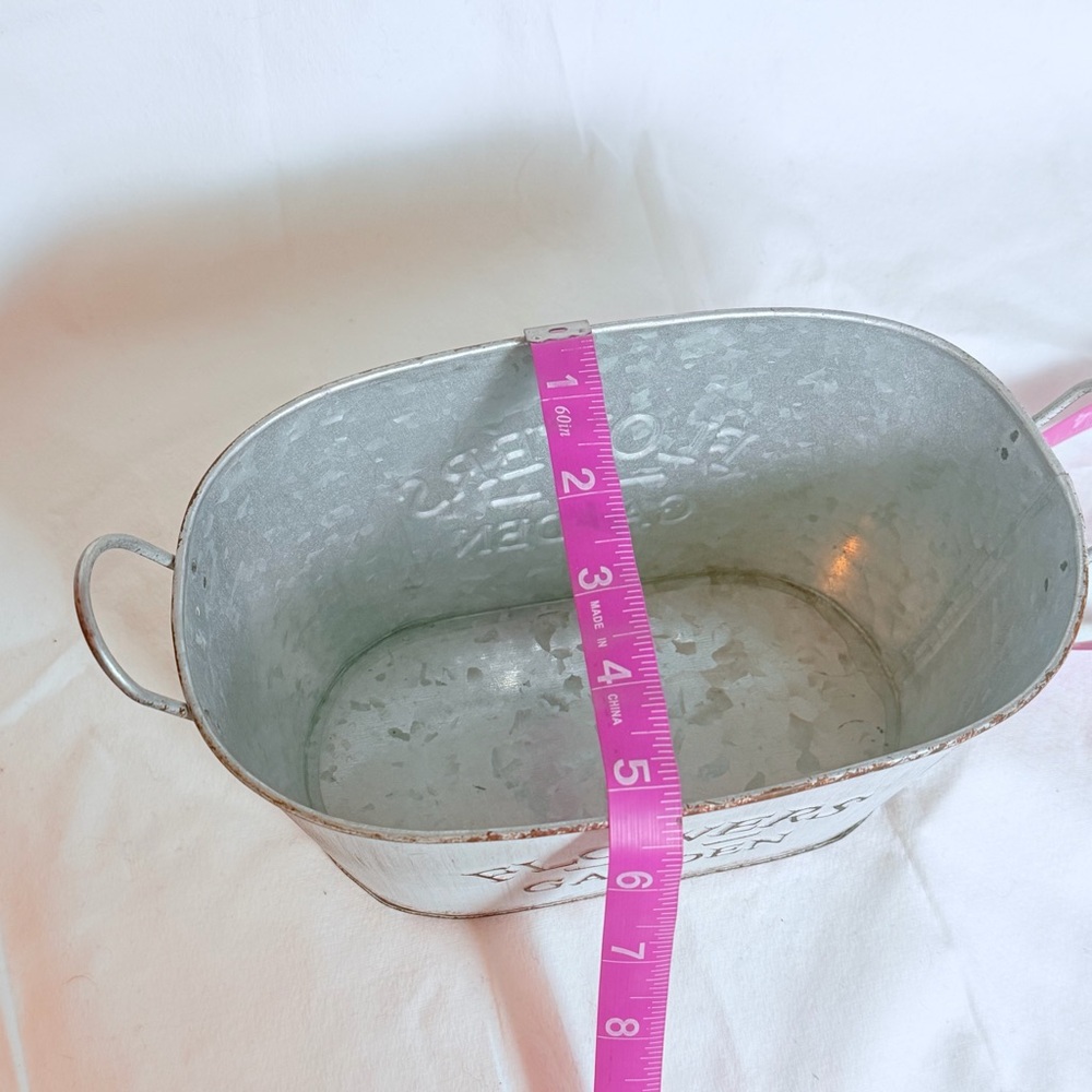 Rustic Galvanized Metal “Flowers & Garden” Oval Planter Bucket - Picture 6 of 10